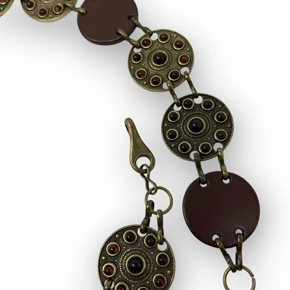 Metal & Faux Leather Ornate Circle Coin Chain Red Stones Brass Tone Belt 41”